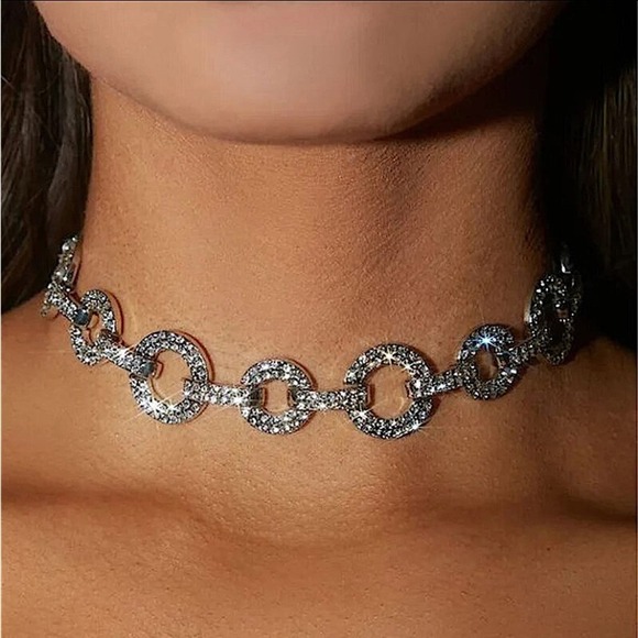 Silver Crystal Choker New Years Eve Rhinestone Party Wedding Statement Piece - Picture 1 of 12